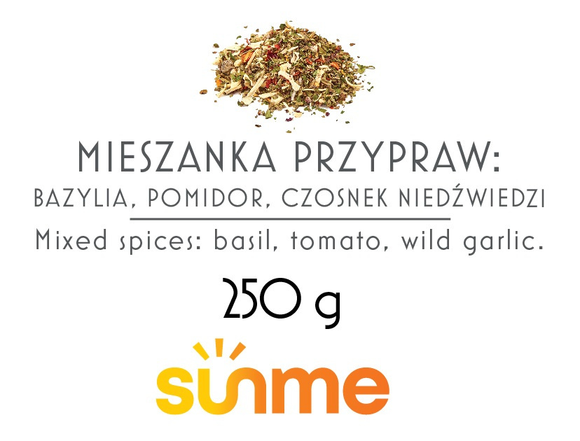 Mieszanka przypraw: bazylia, pomidor i czosnek niedźwiedzi 250 gram Mieszanka przypraw: bazylia, pomidor i czosnek niedźwiedzi 250 gram