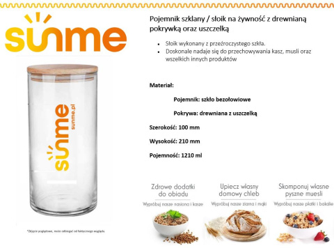 Pojemnik szklany / słoik / tuba z pokrywką drewnianą z uszczelką 1210 ml Pojemnik szklany / słoik / tuba z pokrywką drewnianą z uszczelką 1210 ml