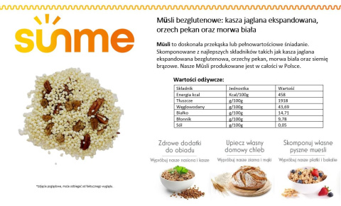 Musli bezglutenowe: kasza jaglana ekspandowana, orzech pekan oraz morwa biała 100 gram Musli bezglutenowe: kasza jaglana ekspandowana, orzech pekan oraz morwa biała 100 gram