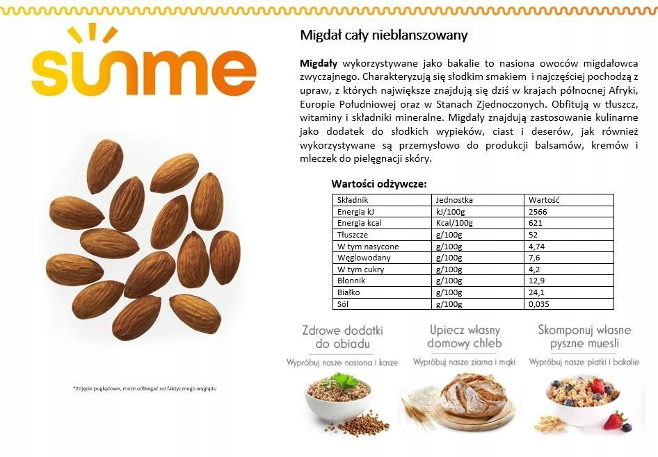 Migdały całe Nieblanszowane 250 gram Migdały całe Nieblanszowane 250 gram